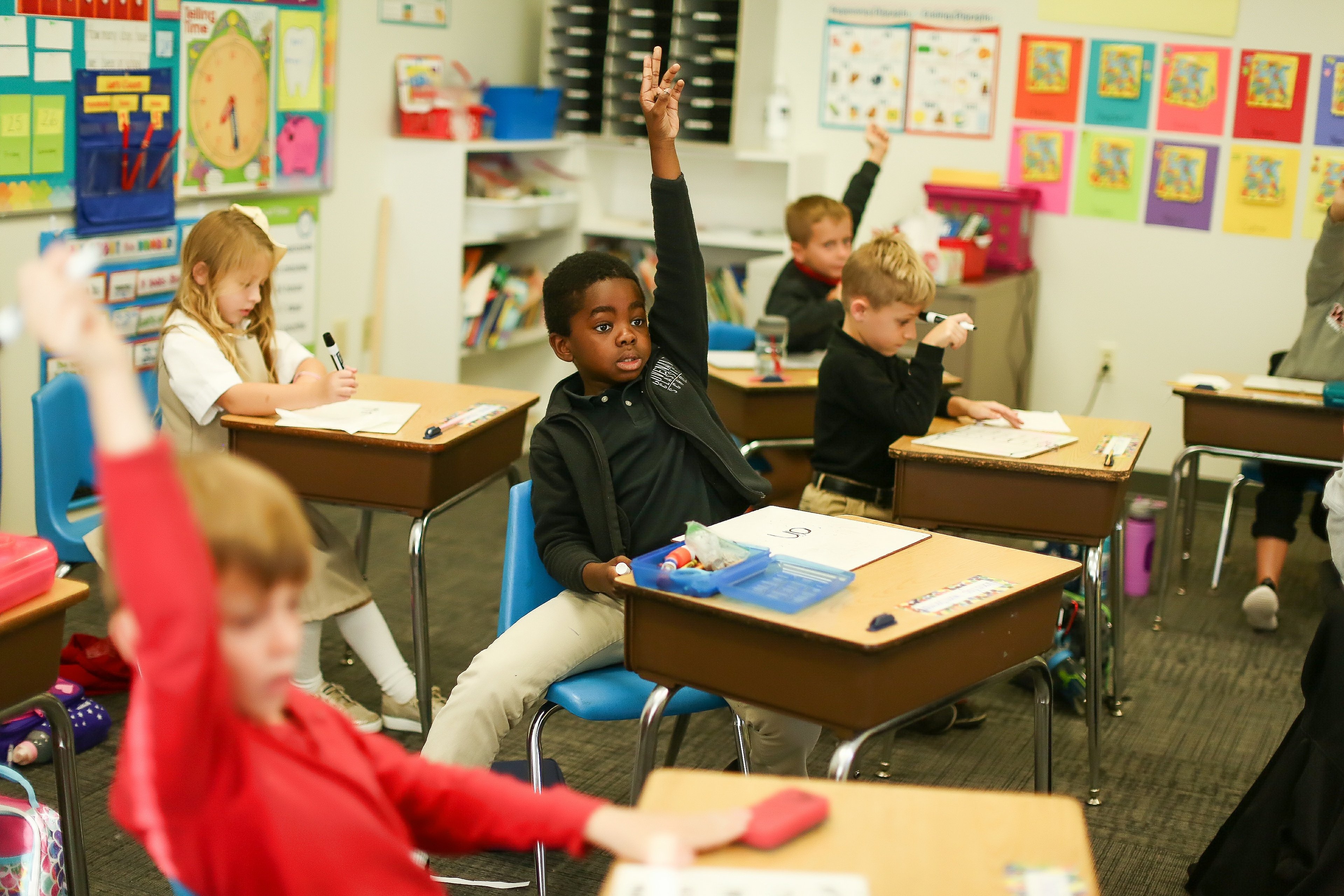 elementary boy hand raising